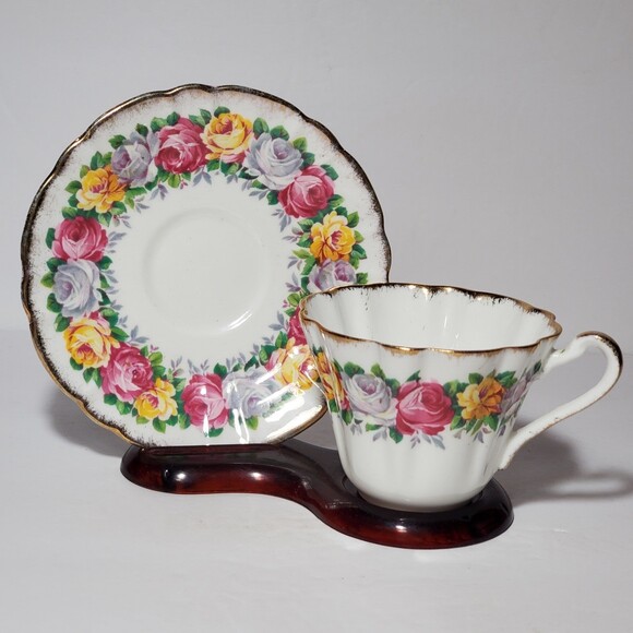 Gladstone Teacup and Saucer Rosemary Floral Pink Yellow - Picture 1 of 7